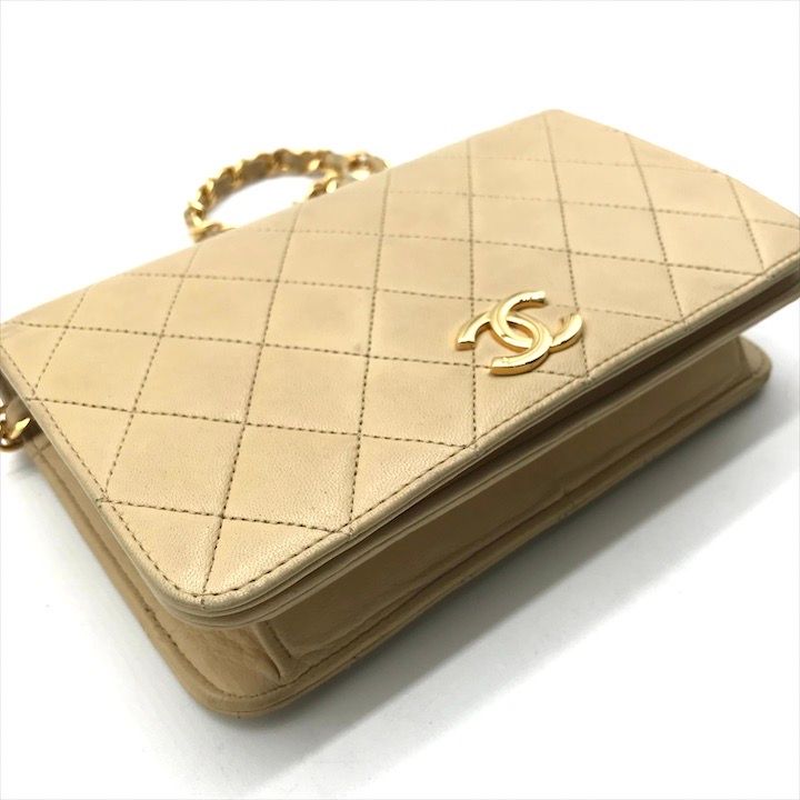 Chanel CC Logo Mini Quilted Push Lock Chain Shoulder Bag Beige Lambskin