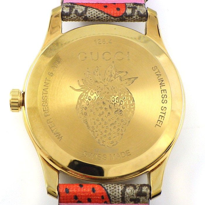 GUCCI Watch G Timeless 126.4 Beige GG Supreme Strawberry Pattern Fabric Dial GP