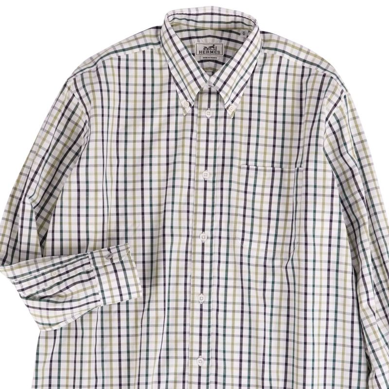 HERMES Shirt Long Sleeve Check Cotton