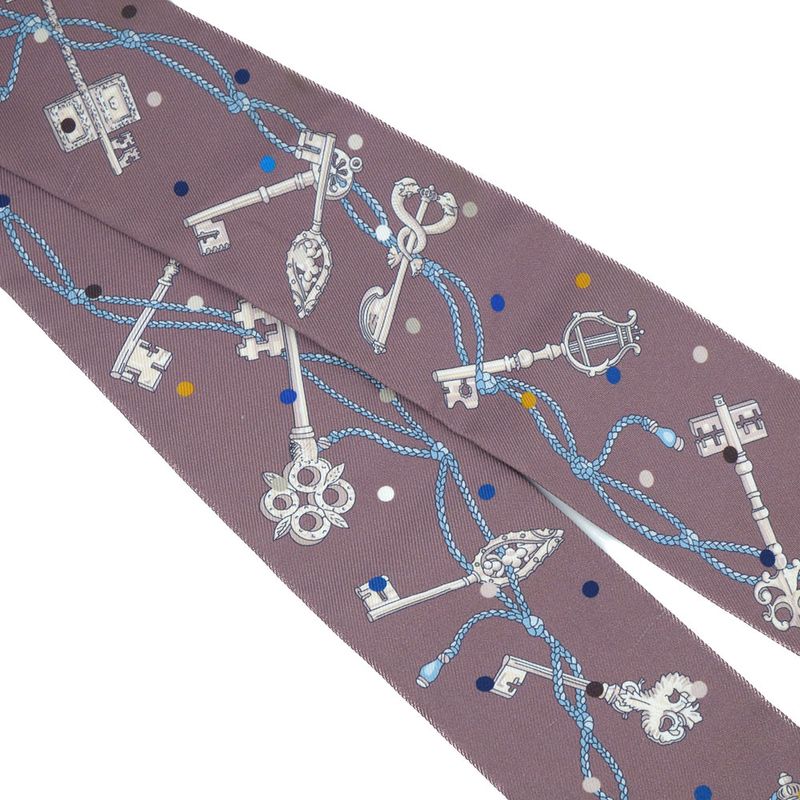 HERMES Les Cles A Pois Lecpois Twilly Scarf Ribbon 100% Silk Gray