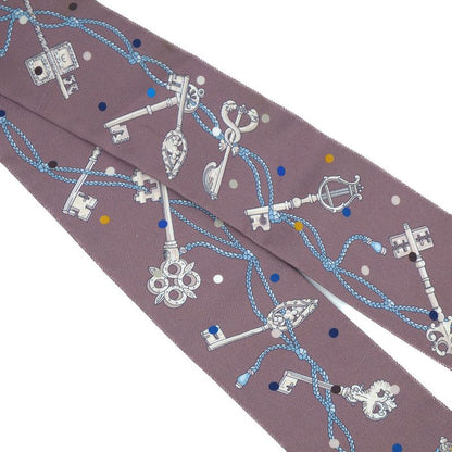 HERMES Les Cles A Pois Lecpois Twilly Scarf Ribbon 100% Silk Gray