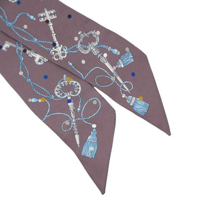 HERMES Les Cles A Pois Lecpois Twilly Scarf Ribbon 100% Silk Gray