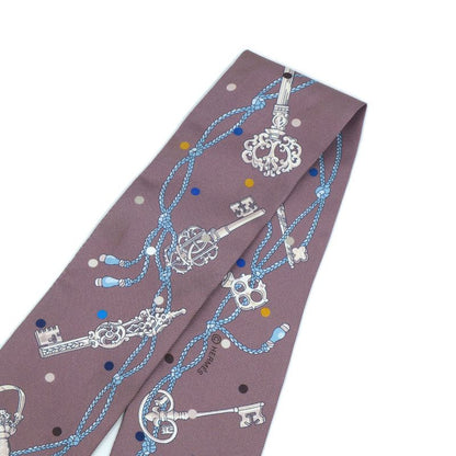 HERMES Les Cles A Pois Lecpois Twilly Scarf Ribbon 100% Silk Gray