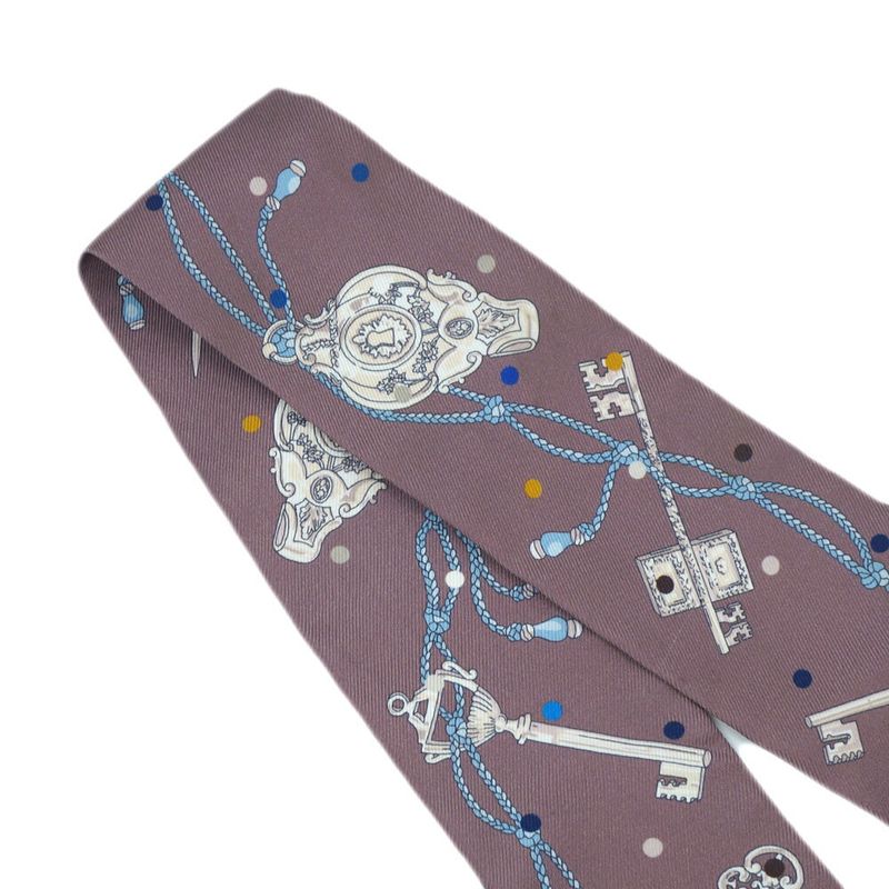 HERMES Les Cles A Pois Lecpois Twilly Scarf Ribbon 100% Silk Gray