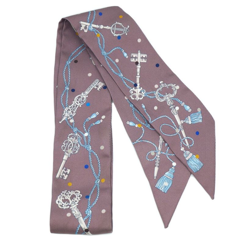 HERMES Les Cles A Pois Lecpois Twilly Scarf Ribbon 100% Silk Gray