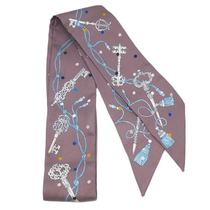 HERMES Les Cles A Pois Lecpois Twilly Scarf Ribbon 100% Silk Gray