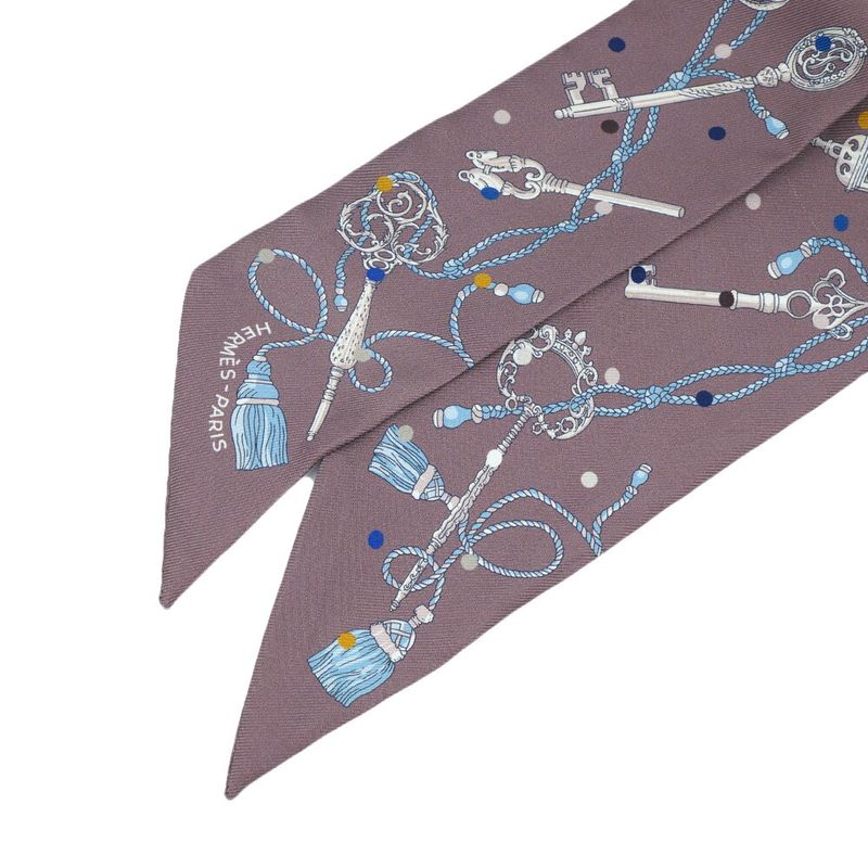 HERMES Les Cles A Pois Lecpois Twilly Scarf Ribbon 100% Silk Gray