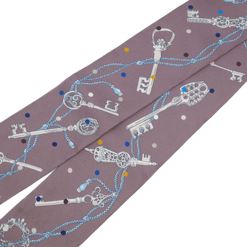 HERMES Les Cles A Pois Lecpois Twilly Scarf Ribbon 100% Silk Gray