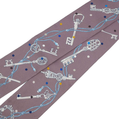 HERMES Les Cles A Pois Lecpois Twilly Scarf Ribbon 100% Silk Gray