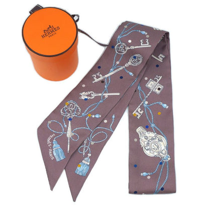 HERMES Les Cles A Pois Lecpois Twilly Scarf Ribbon 100% Silk Gray