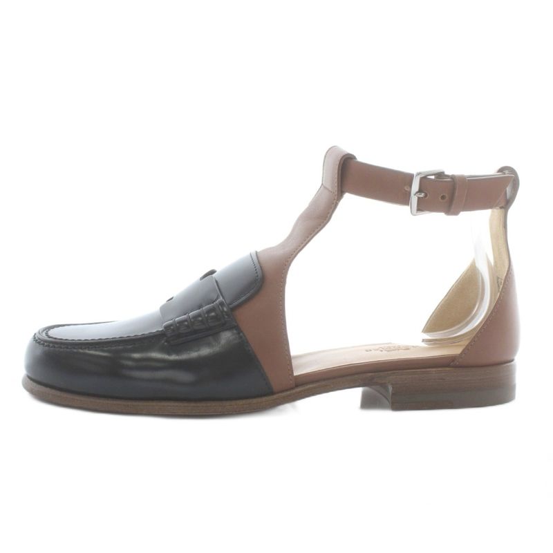 HERMES Sandals Lofa Leather Ankle Strap 38 24.5cm Black Brown XZ - GY19