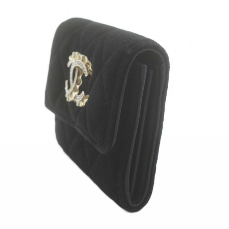 CHANEL Matelasse Coco Mark Velvet Coin Case Bifold Wallet No 31 Black KU - OH