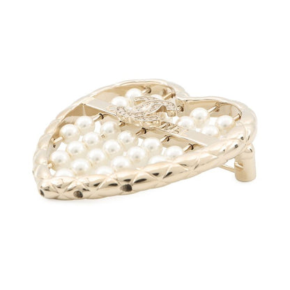 Chanel Brooch CC Logo Heart Rhinestone Faux Pearl