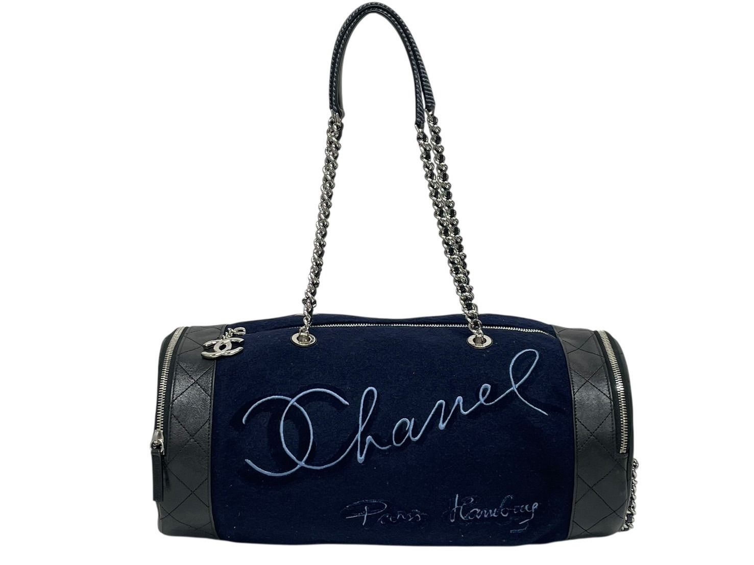 Chanel Embroidery Bag Navy Blue Wool Leather Silver