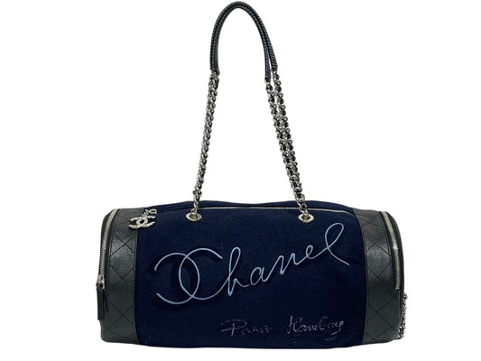 Chanel Embroidery Bag Navy Blue Wool Leather Silver