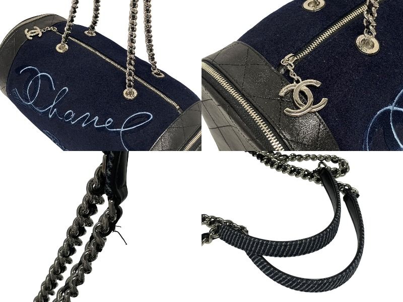 Chanel Embroidery Bag Navy Blue Wool Leather Silver — view 4