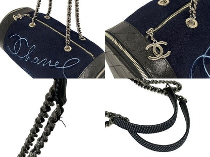 Chanel Embroidery Bag Navy Blue Wool Leather Silver — view 4