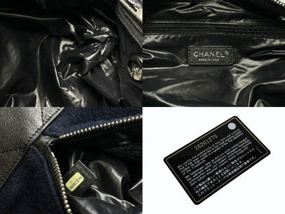 Chanel Embroidery Bag Navy Blue Wool Leather Silver — view 8