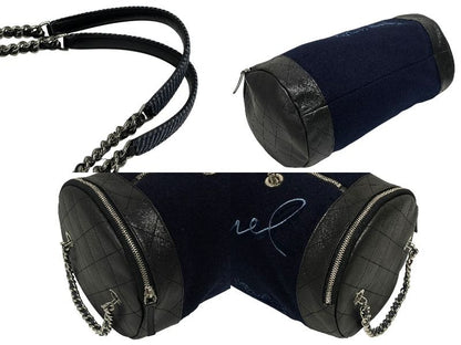 Chanel Embroidery Bag Navy Blue Wool Leather Silver — view 5