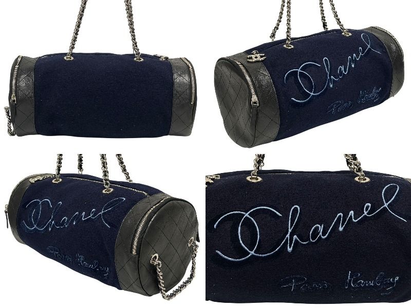 Chanel Embroidery Bag Navy Blue Wool Leather Silver — view 3