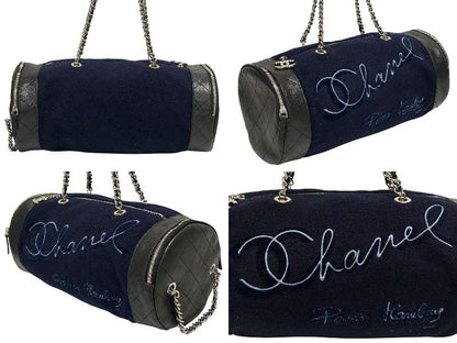Chanel Embroidery Bag Navy Blue Wool Leather Silver — view 3