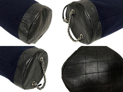 Chanel Embroidery Bag Navy Blue Wool Leather Silver — view 6