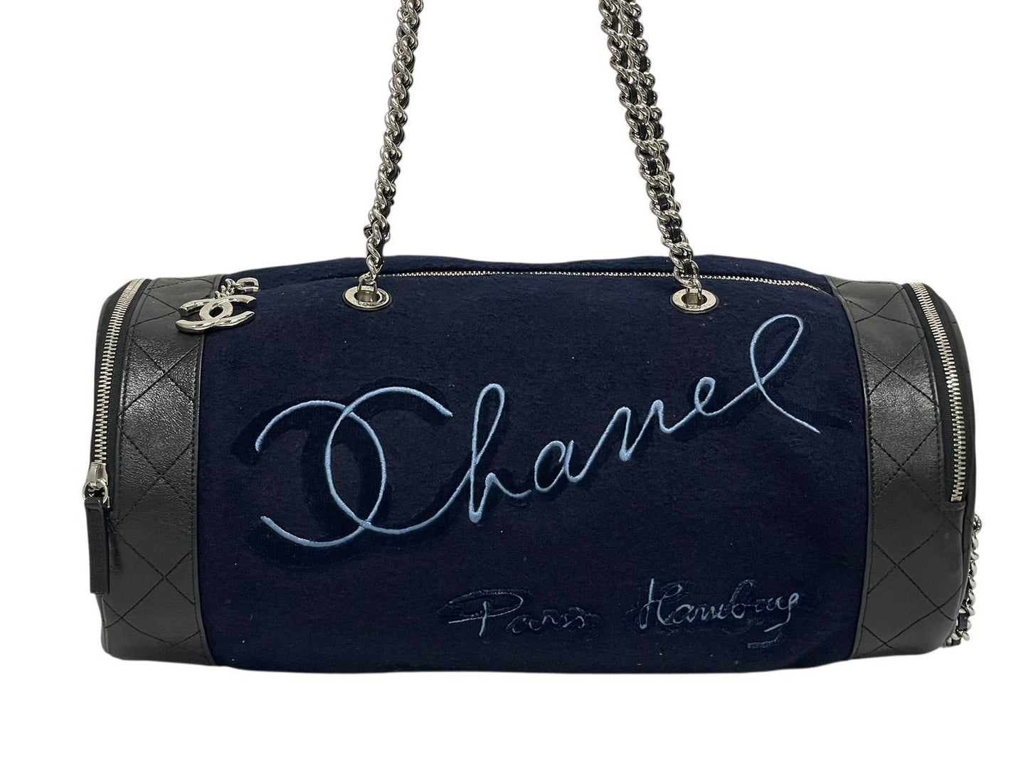 Chanel Embroidery Bag Navy Blue Wool Leather Silver — view 2
