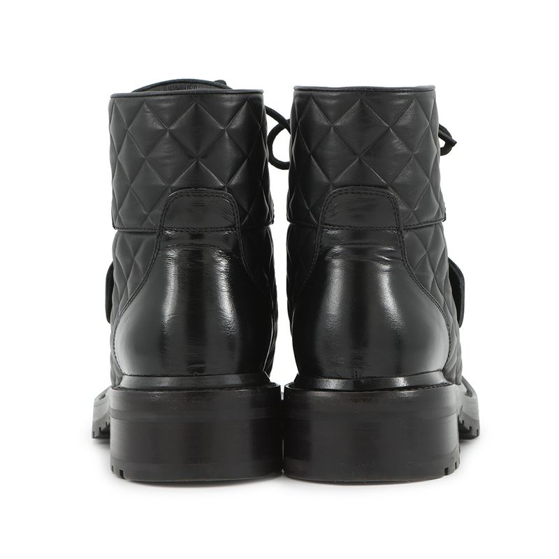 Chanel Short Boots Quilted CC Logo Lace Up Leather 35