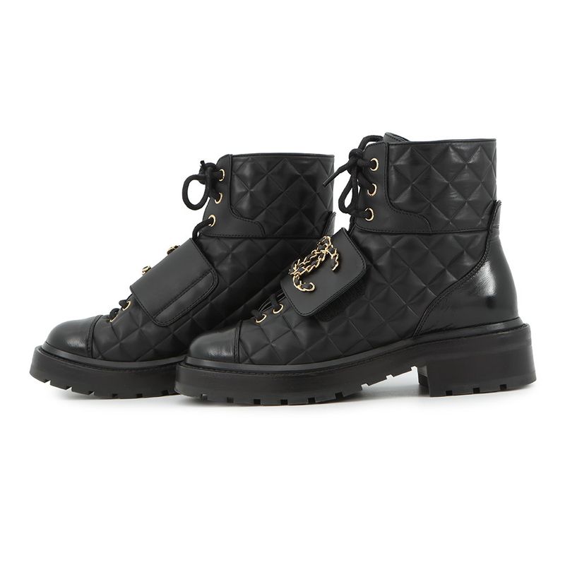 Chanel Short Boots Quilted CC Logo Lace Up Leather 35