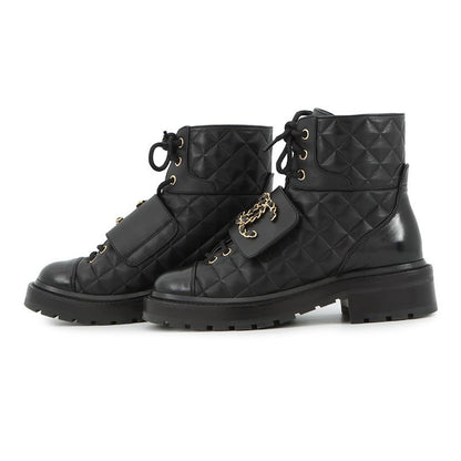 Chanel Short Boots Quilted CC Logo Lace Up Leather 35