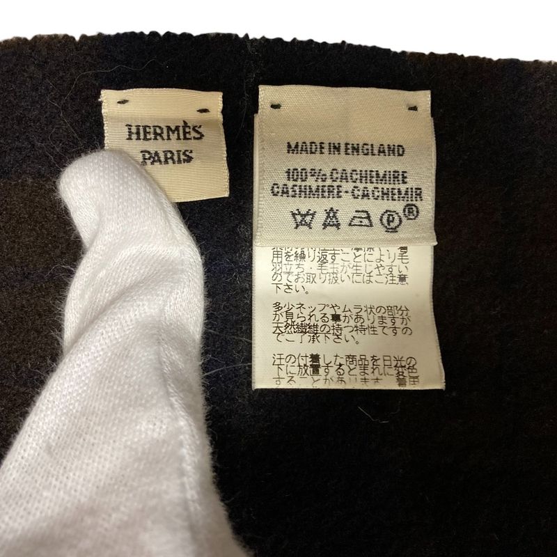 HERMES 100% Cashmere Check Muffler - Brown Navy - Men's Women's Used