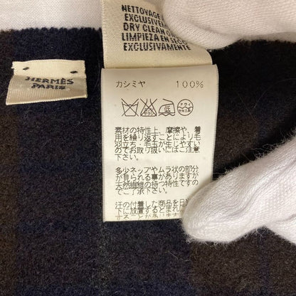 HERMES 100% Cashmere Check Muffler - Brown Navy - Men's Women's Used