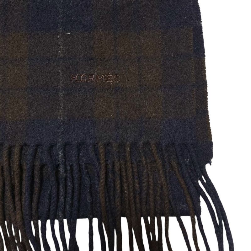 HERMES 100% Cashmere Check Muffler - Brown Navy - Men's Women's Used
