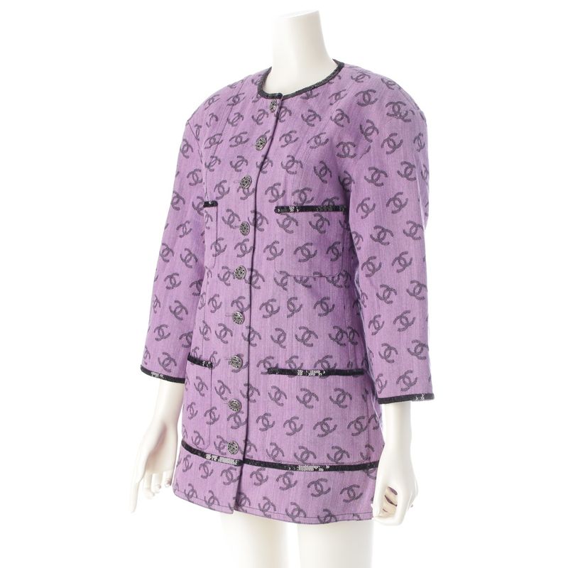 CHANEL 22S Coco Mark Full Logo Sequin No Color Long Jacket Dress P72568 Purple