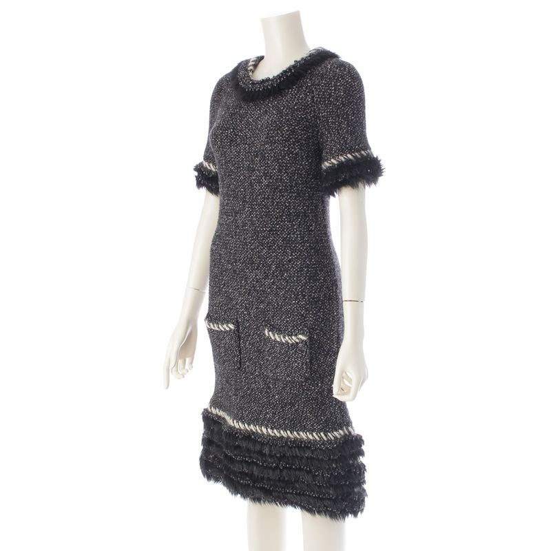CHANEL Cashmere Wool Coco Mark Fur Dress P39939 Gray 36