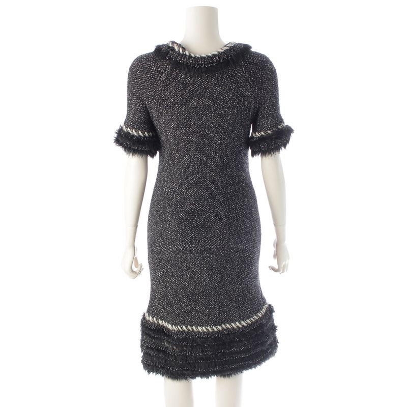 CHANEL Cashmere Wool Coco Mark Fur Dress P39939 Gray 36