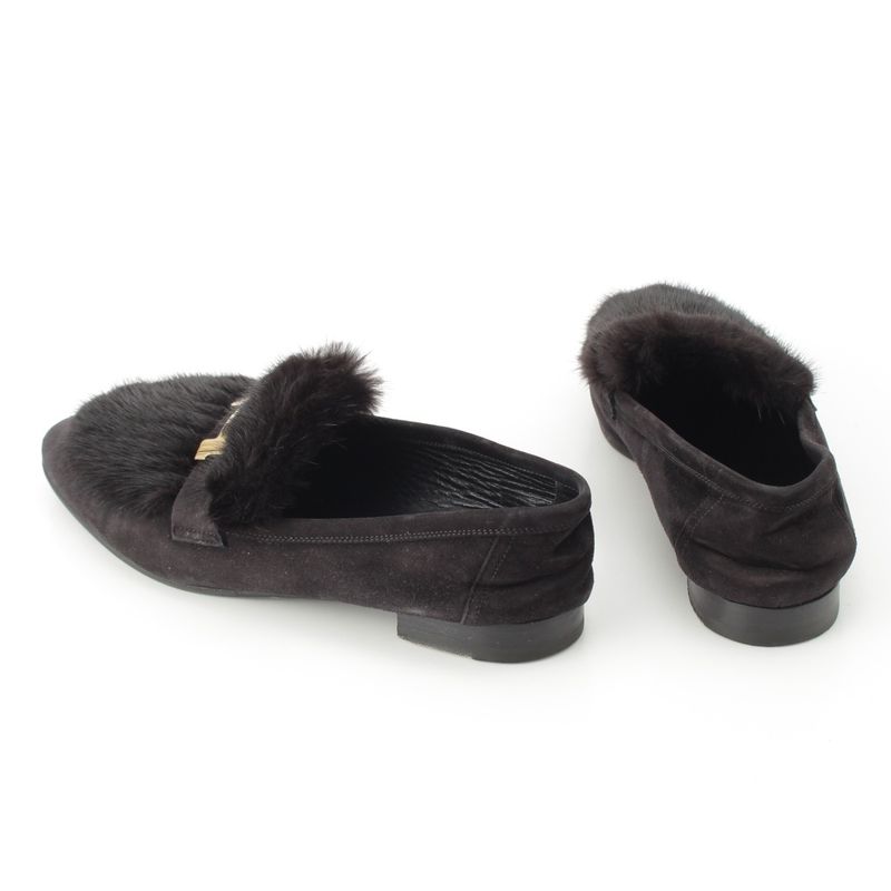 HERMES Paris Moccasins Suede Leather Flat Shoes Mink Fur - Noir Black Loafers