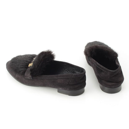 HERMES Paris Moccasins Suede Leather Flat Shoes Mink Fur - Noir Black Loafers
