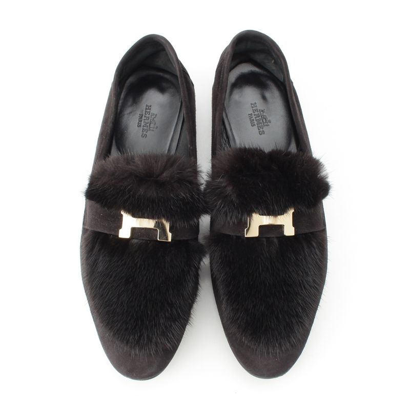HERMES Paris Moccasins Suede Leather Flat Shoes Mink Fur - Noir Black Loafers