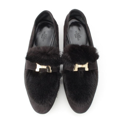 HERMES Paris Moccasins Suede Leather Flat Shoes Mink Fur - Noir Black Loafers