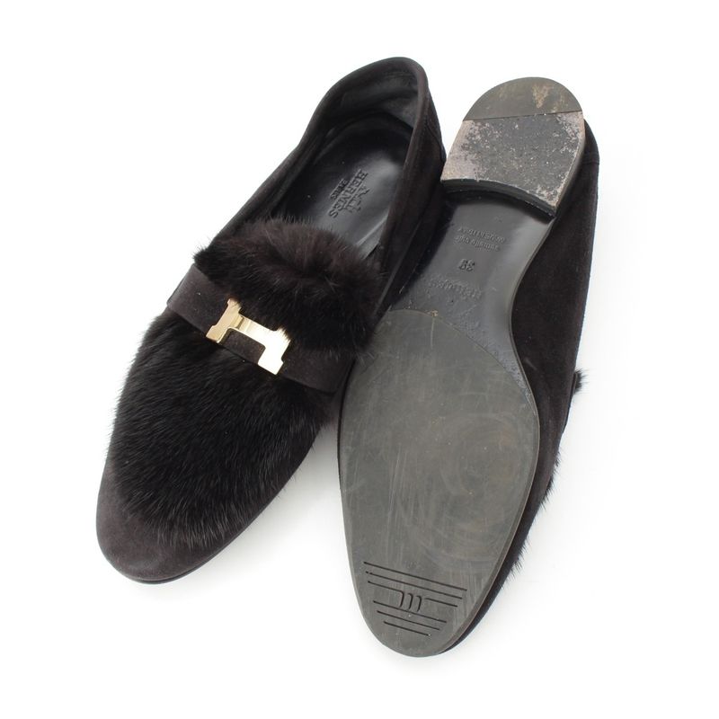 HERMES Paris Moccasins Suede Leather Flat Shoes Mink Fur - Noir Black Loafers