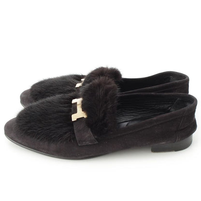 HERMES Paris Moccasins Suede Leather Flat Shoes Mink Fur - Noir Black Loafers