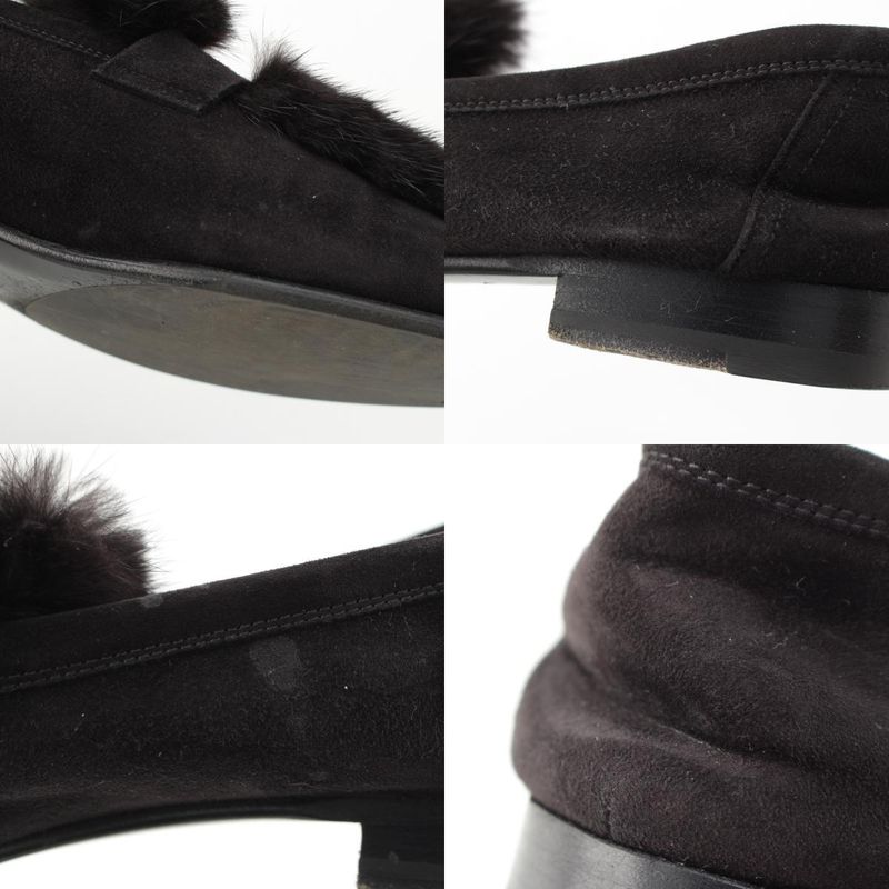 HERMES Paris Moccasins Suede Leather Flat Shoes Mink Fur - Noir Black Loafers