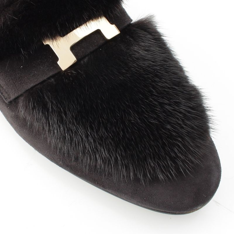 HERMES Paris Moccasins Suede Leather Flat Shoes Mink Fur - Noir Black Loafers