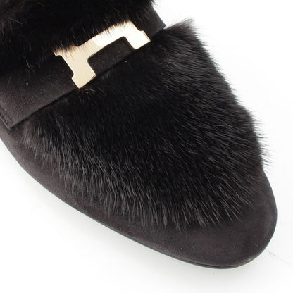 HERMES Paris Moccasins Suede Leather Flat Shoes Mink Fur - Noir Black Loafers