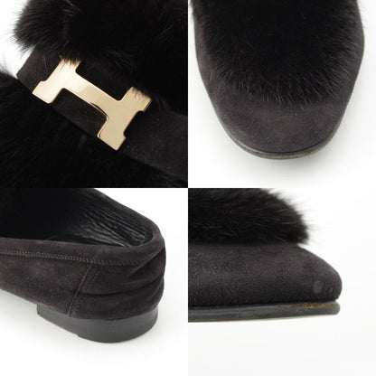 HERMES Paris Moccasins Suede Leather Flat Shoes Mink Fur - Noir Black Loafers