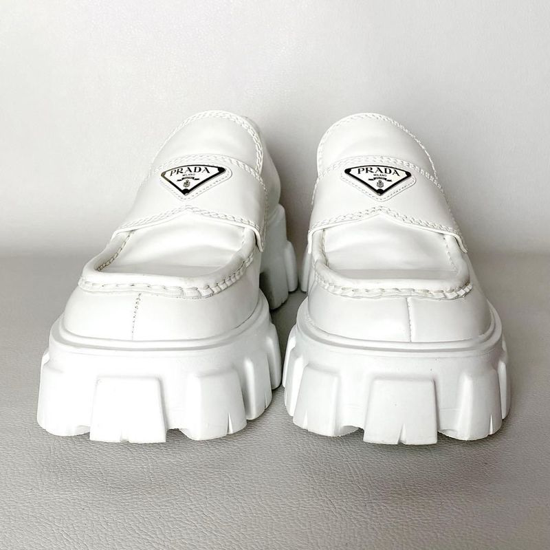 Prada Monolith Brushed Leather Loafers 6.5 White