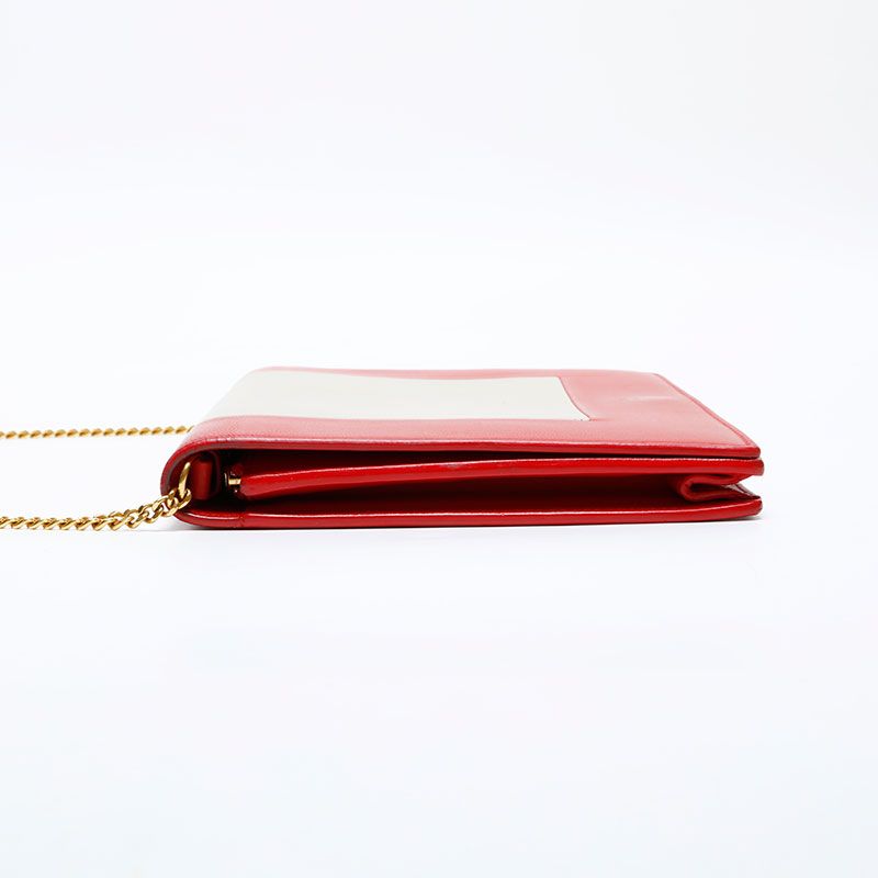 Celine Shoulder Bag Leather Frame Chain Red Beige