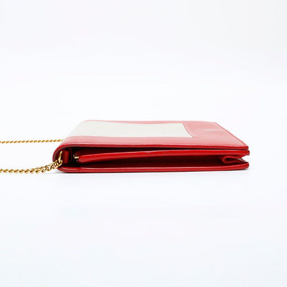 Celine Shoulder Bag Leather Frame Chain Red Beige