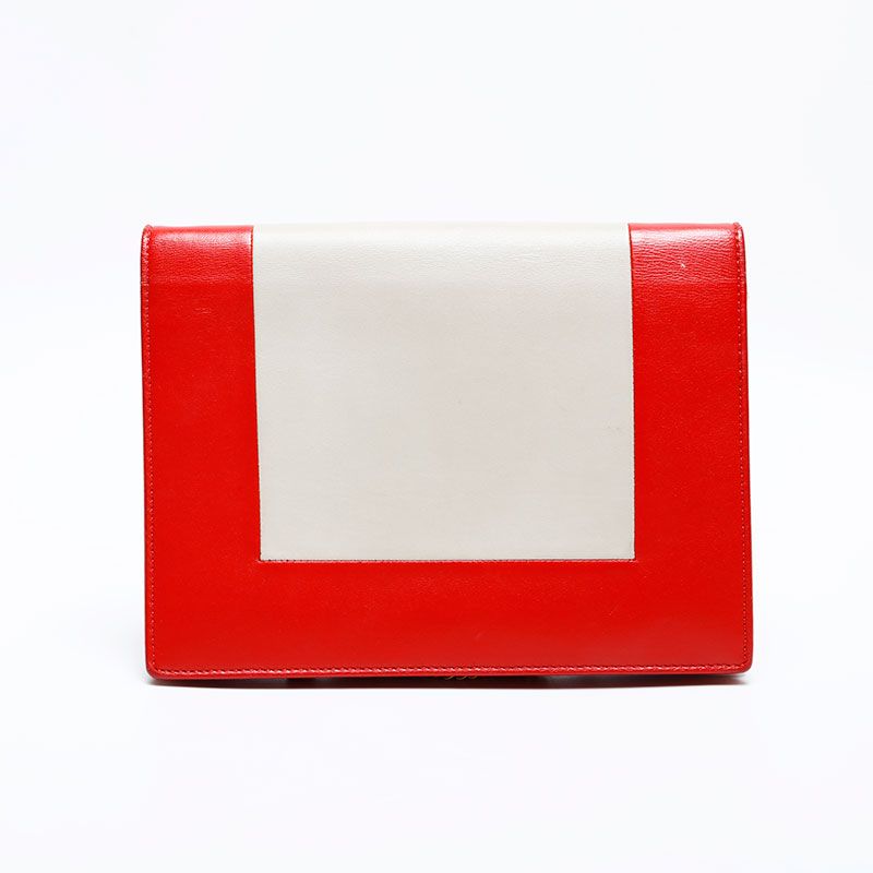 Celine Shoulder Bag Leather Frame Chain Red Beige